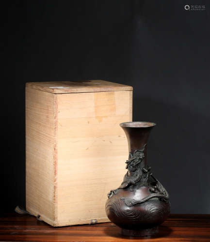 昭和时期 京都吉田造 铜制盘龙赏瓶 带木盒