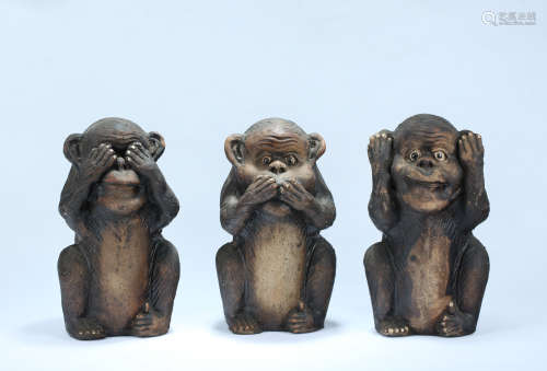 昭和时期  陶塑“不听、不看、不言”三不猴摆件一套