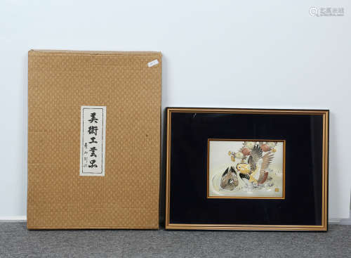 日本著名金工名家  中谷秀山作 铜雕刻金鸳鸯挂屏（带原纸盒）