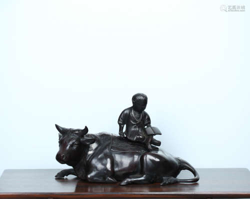铜铸牧童骑牛雕塑摆件