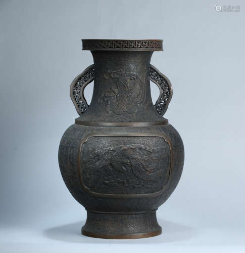昭和时期 铜制凤纹双耳大花瓶
