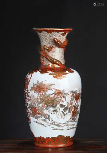 昭和中期 手绘矾红描金犬戏纹大花瓶
