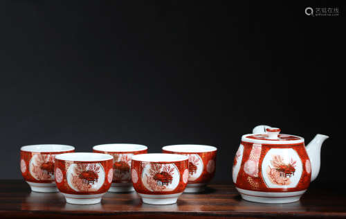昭和时期  九谷烧描金彩绘花卉纹茶具一套