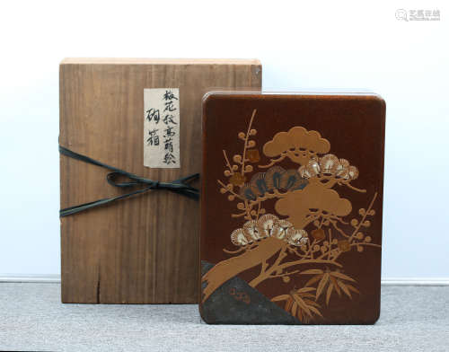 昭和时期 光琳款木胎莳绘嵌螺钿刻绘松鹤延年盖盒