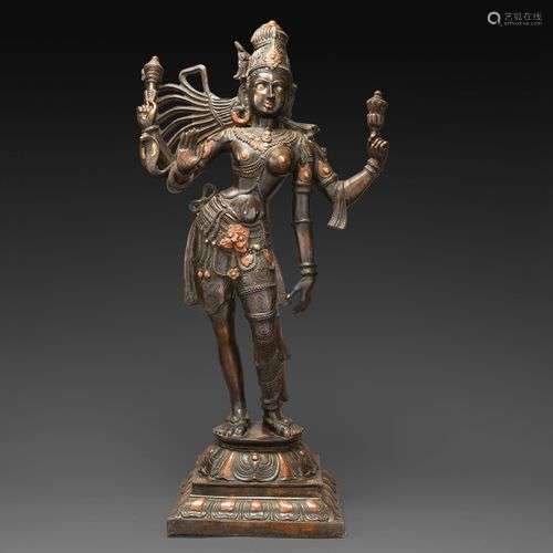 GRANDE STATUE DE SHIVA ARDHANARISHVARA en bronze de patine n...