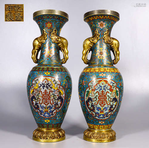 A PAIR OF CLOISONNE BRONZE VASES