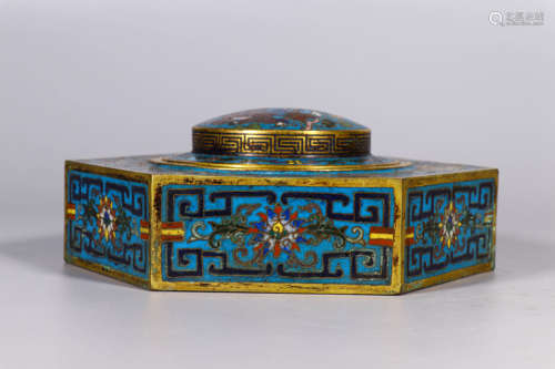 A CLOISONNE HEXAGONAL BRONZE LIDDED BOX