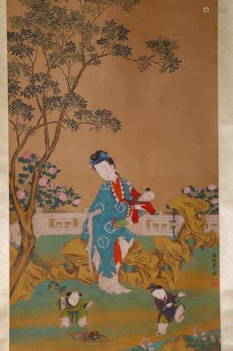 A CHINESE VERTICAL PAINTING SCROLL OF A LADY'S PATTERN; ATTR...