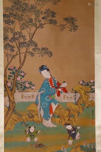 A CHINESE VERTICAL PAINTING SCROLL OF A LADY'S PATTERN; ATTR...