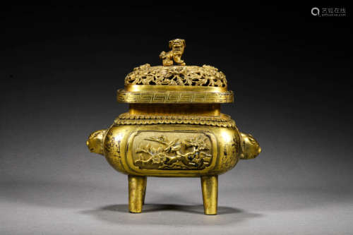 A GILT BRONZE INCENSE BURNER OR FURNACE