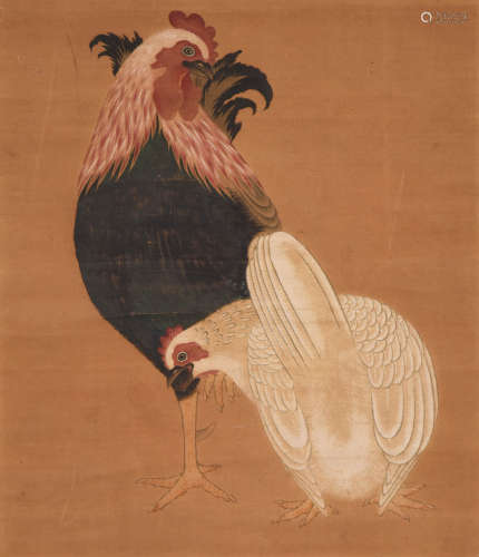 佚名 雙雞 設色絹本立軸