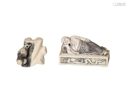 Lot of two netsuke, 1) ivory, a chew on branch of a stump. S...