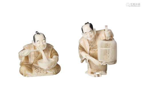 Lot of two netsuke, 1) ivory, eating figure in lotus positio...