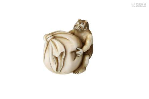 An ivory netsuke depicting an Oni pushing a bag forward with...