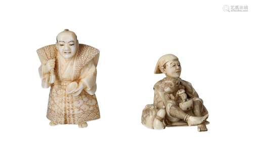 Lot of two netsuke, 1) Ivory, seated man with monkey and lug...