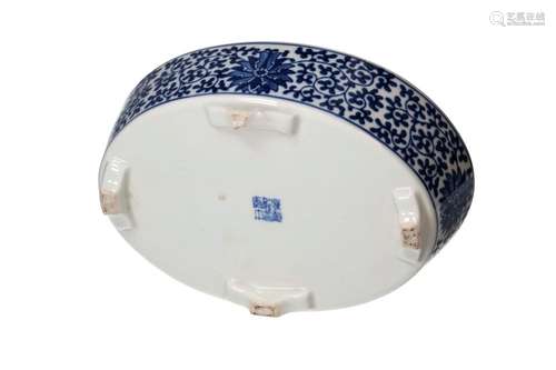 Lot of three blue and white porcelain jardinieres, decorated...