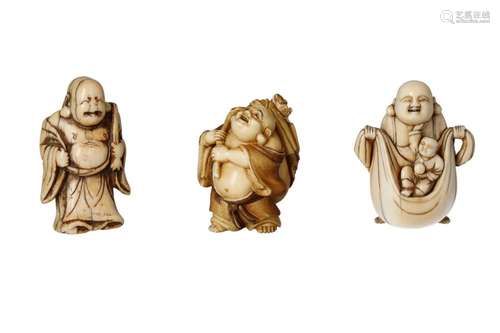 Lot of three netsuke, 1) ivory, Hotei carrying a bag over hi...