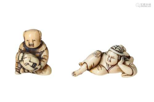 Lot of two netsuke, 1) walrus tooth, seated karako with okam...