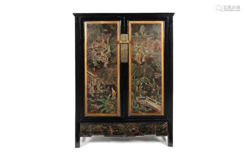A wooden two-door lacquered cabinet with two drawers and a d...