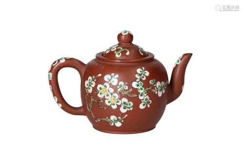 An enamelled Yixing teapot with separate strainer, decorated...