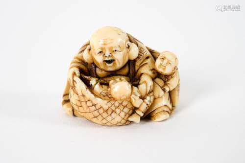 Lot of seven netsuke 1) ivory, Fukurokuju-like figure with s...