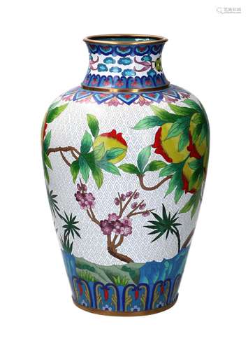 A pair of enamel cloisonné vases decorated with peach tree a...