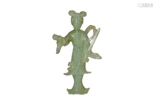 A carved jade sculpture of a woman holding valuables. China,...