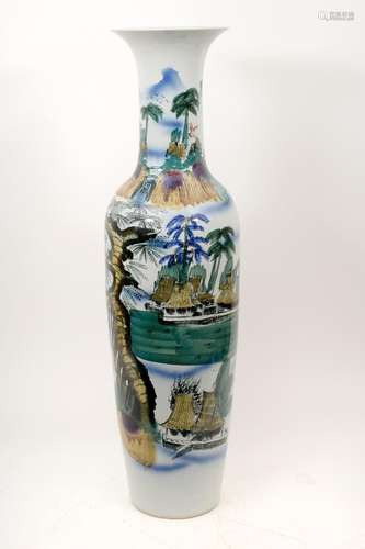 A pair of polychrome porcelain vases, decorated with a scene...