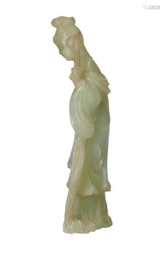 A carved jade sculpture of a woman holding a prunus branch. ...
