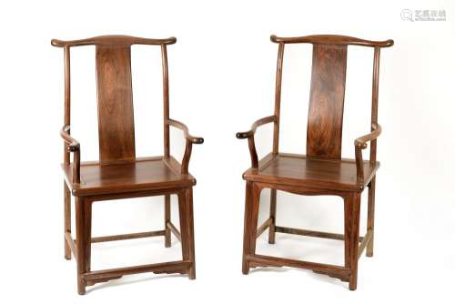 A pair of probably huali wooden official's hat armchairs. Ch...
