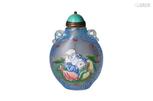 A glass snuff bottle with two handles, decorated with a Budd...