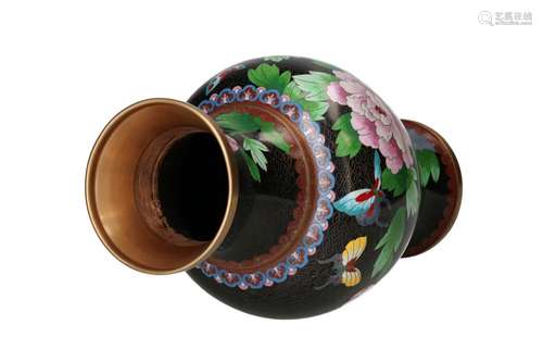 An enamel cloisonné baluster vase decorated with butterflies...