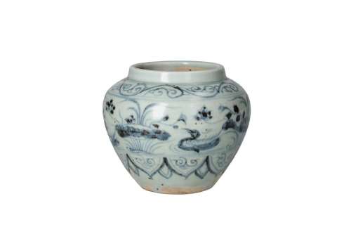 A blue and white porcelain jar, decorated with mandarin duck...