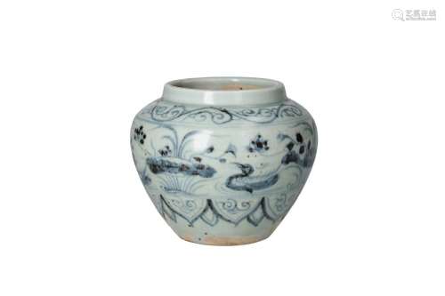 A blue and white porcelain jar, decorated with mandarin duck...