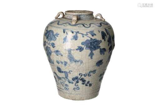 A blue and white Swatow porcelain martaban jar with four gri...