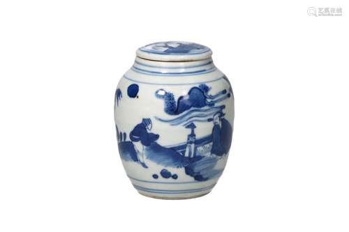 A blue and white porcelain jar with lid, decorated with a la...