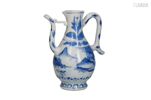 A blue and white porcelain jug with a landscape decoration. ...