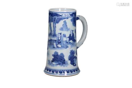 A blue and white porcelain beer mug decorated with an outdoo...