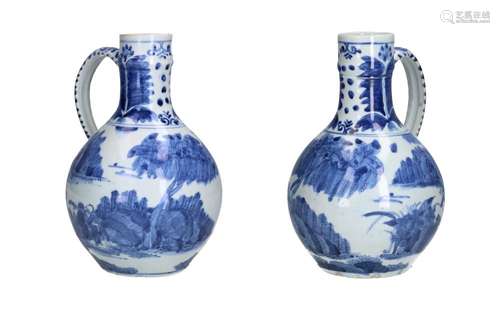 A pair of blue and white porcelain jugs with handle, decorat...