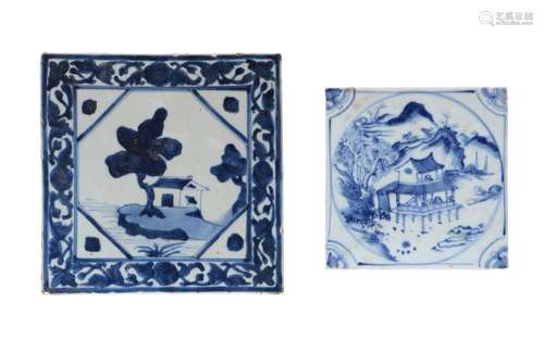 Lot of two blue and white porcelain tiles, 1) decorated with...