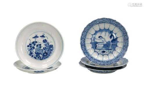 Lot of five blue and white porcelain saucers, two with a flo...