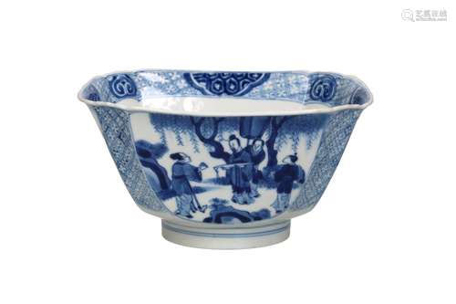 A blue and white square bowl with indented corners and a fig...