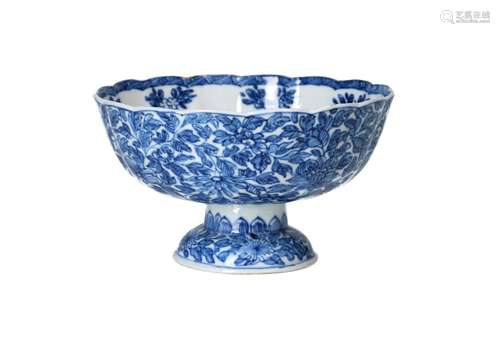 A blue and white porcelain lobed tazza with scalloped rim, d...