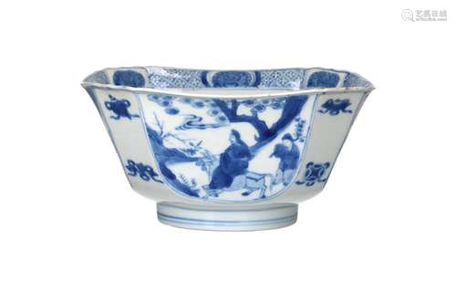 An octagonal blue and white porcelain bowl, decorated with c...