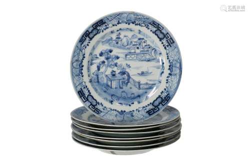 A set of eight blue and white porcelain plates, with a lands...