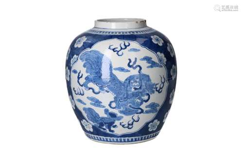 A blue and white porcelain ginger jar, decorated with flower...