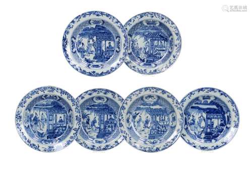 A set of six blue and white porcelain dishes, decorated with...