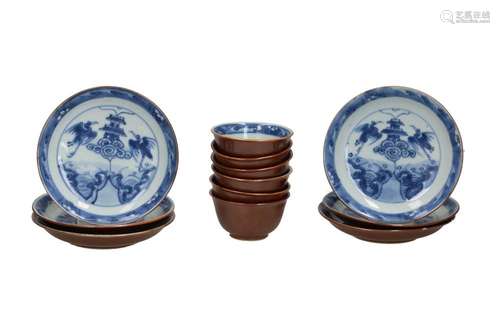 A set of six blue and white porcelain cups and saucers, the ...