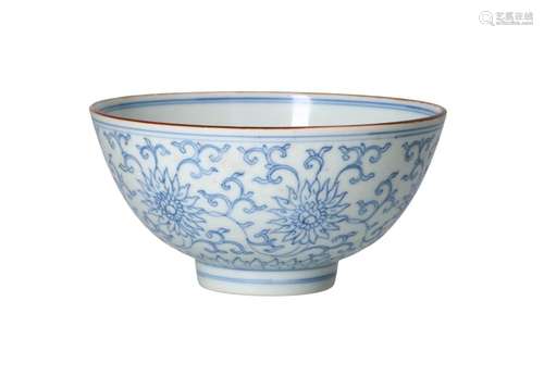 A blue and white porcelain bowl, decorated with peonies. Mar...