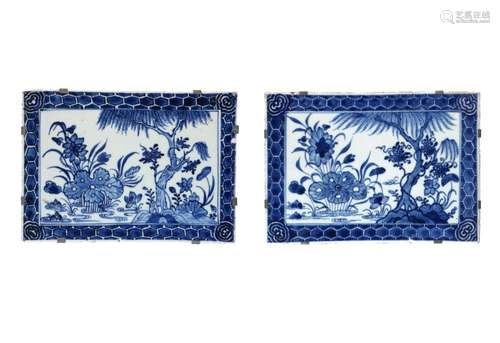 Lot of two blue and white porcelain tiles, depicting a lotus...